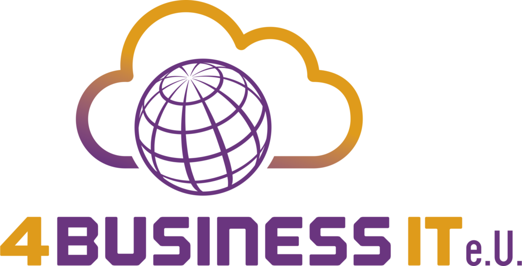 Firmenlogo 4Business - organge wolke mit Weltkugel und dem Firmennamen 4Business IT e.U. ihr Digitaler Partner