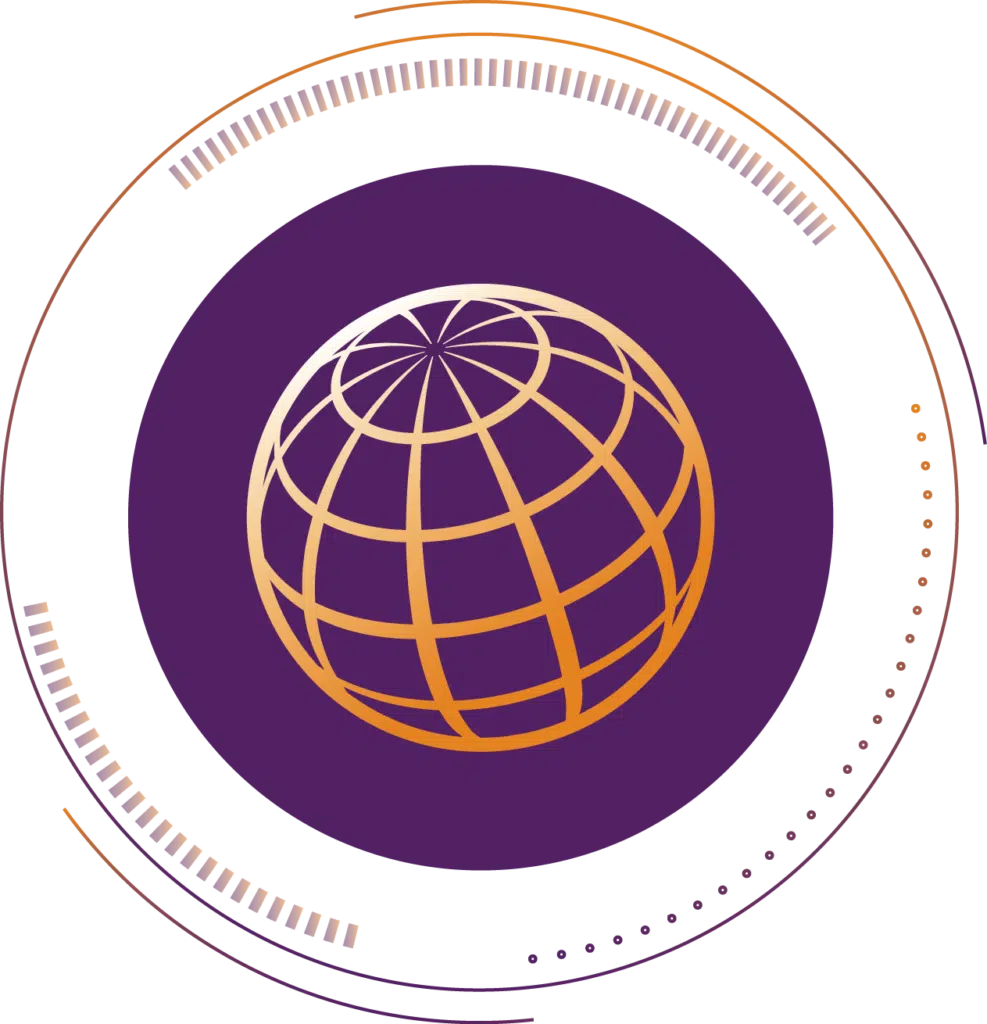a globe in a purple circle, symbol für digitalisierung
