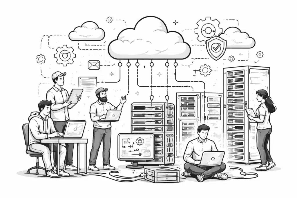 Das BiSchwarz-weiße Illustration einer IT-Infrastruktur mit Cloud, Servern und vernetzten Systemen, die im Hintergrund von einem Team überwacht und gesteuert werden.ld zeigt symb