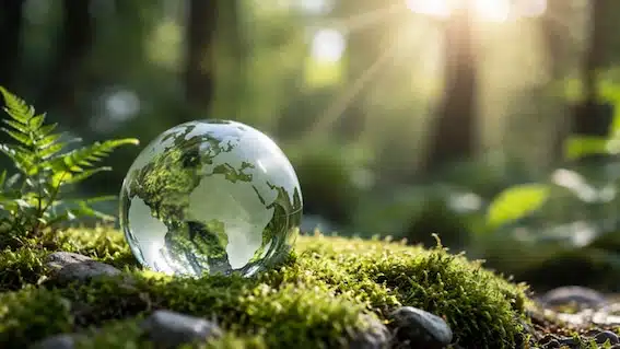 Glasglobus auf Moos im Wald, symbolisiert nachhaltige Webseiten, Green Hosting und umweltfreundliche Technik