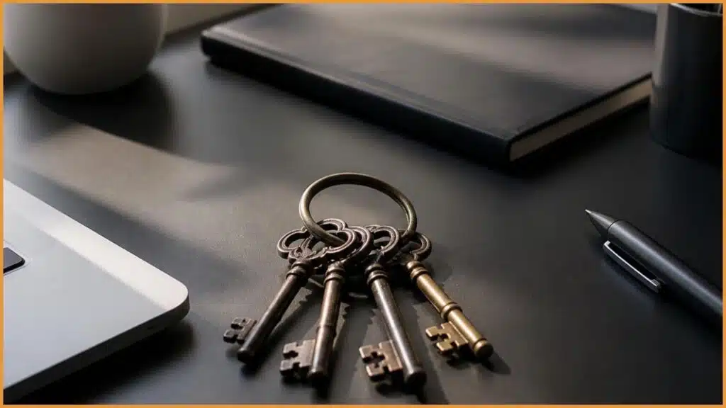 Symbolissch für das Thema Backup einer Website ist ein alter Schlüsselbund auf einem mdoernen Schreibtisch zu sehen.